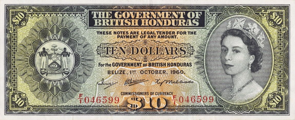 Front of British Honduras p31a: 10 Dollars from 1958