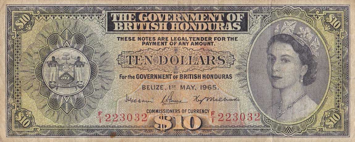 Front of British Honduras p31b: 10 Dollars from 1964