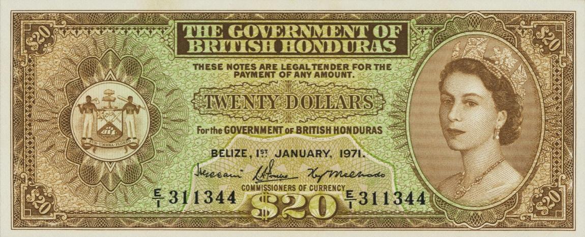 Front of British Honduras p32c: 20 Dollars from 1970