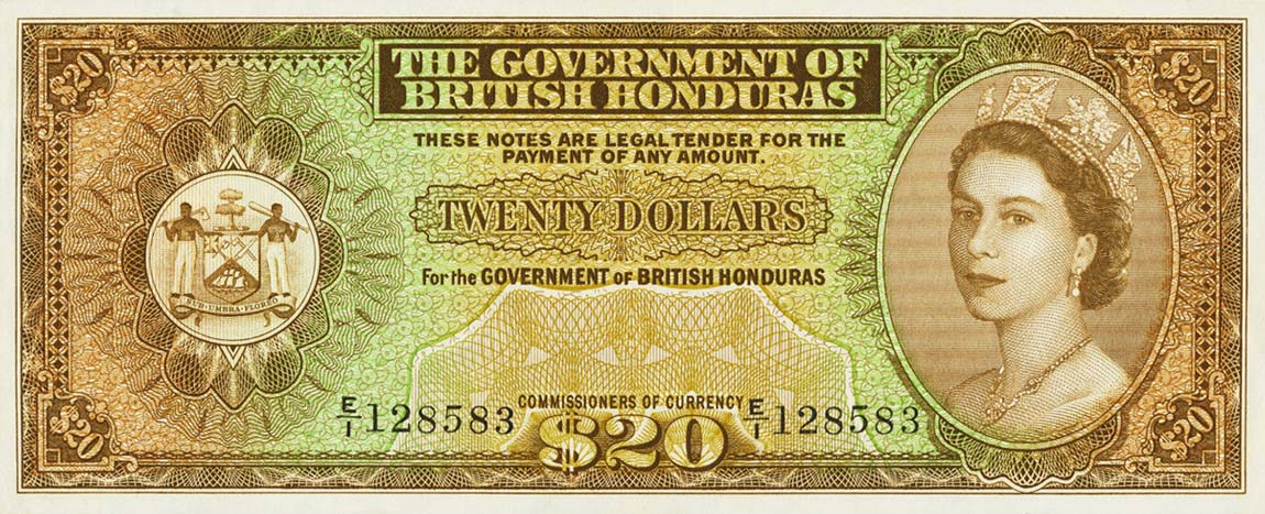 Front of British Honduras p32r: 20 Dollars from 1952