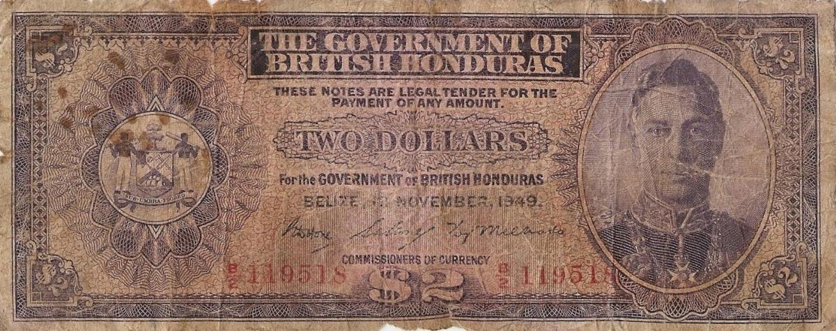 Front of British Honduras p25b: 2 Dollars from 1949