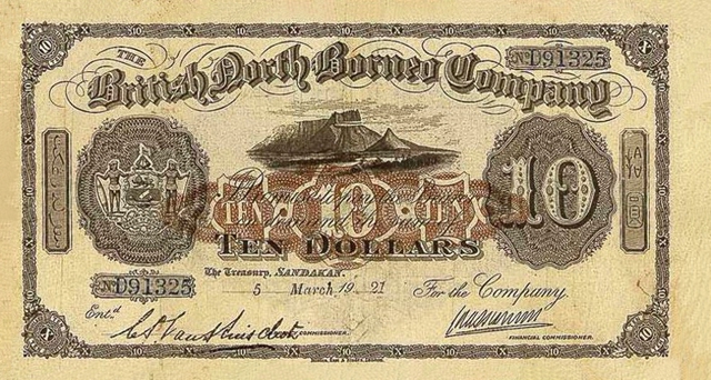 Front of British North Borneo p5b: 10 Dollars from 1920