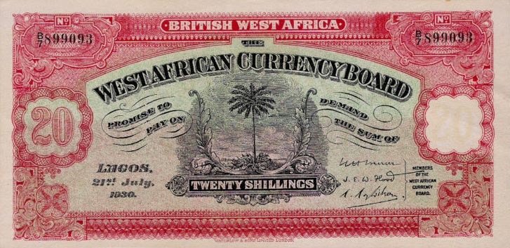 Front of British West Africa p8a: 20 Shillings from 1928