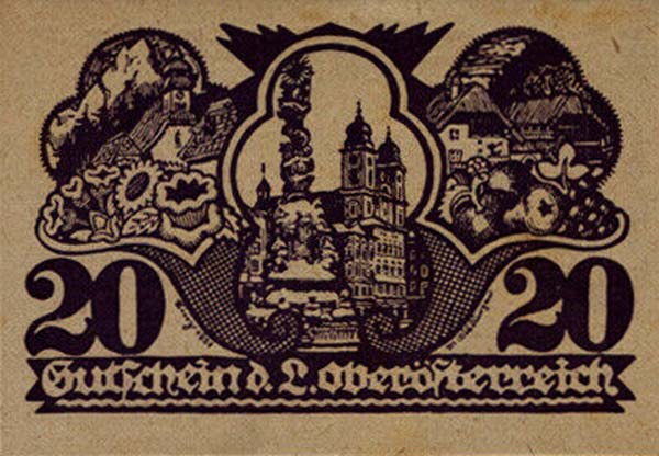 Back of Austrian States pS120b: 20 Heller from 1921