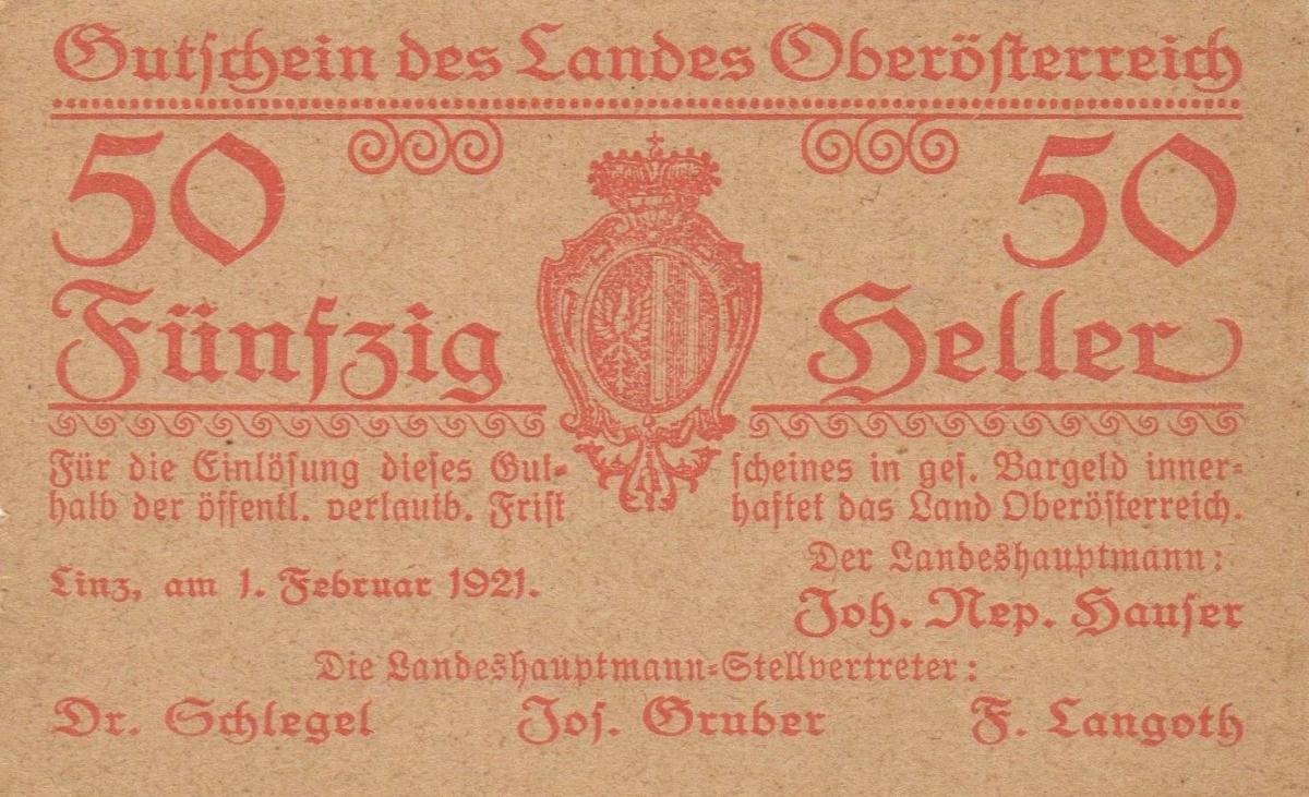 Front of Austrian States pS121: 50 Heller from 1921
