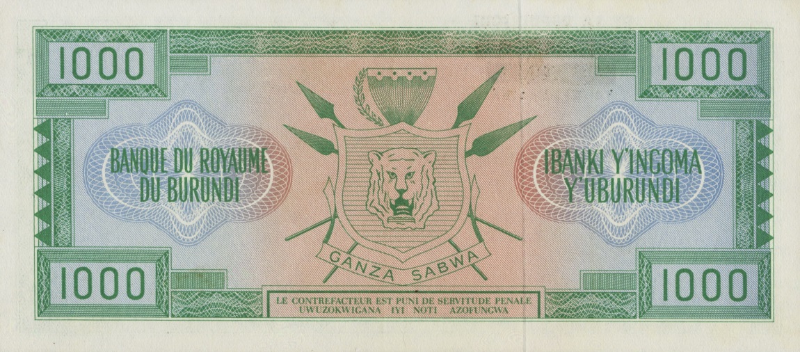 Back of Burundi p19a: 1000 Francs from 1966