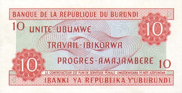 Back of Burundi p20a: 10 Francs from 1968