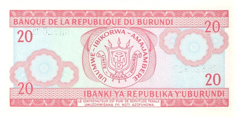 Back of Burundi p27c: 20 Francs from 1991