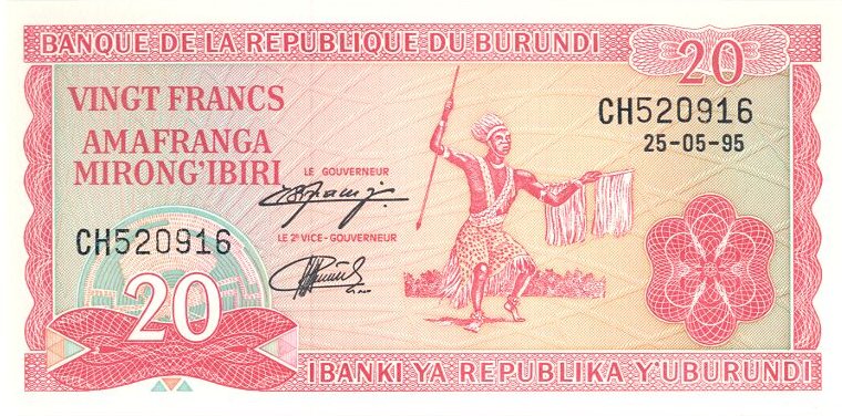Front of Burundi p27c: 20 Francs from 1991