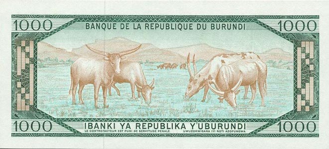 Back of Burundi p31a: 1000 Francs from 1977