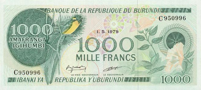 Front of Burundi p31a: 1000 Francs from 1977