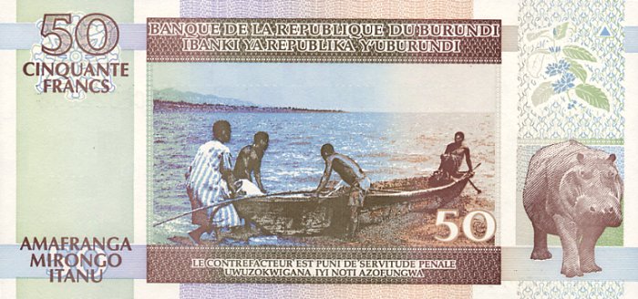 Back of Burundi p36a: 50 Francs from 1994