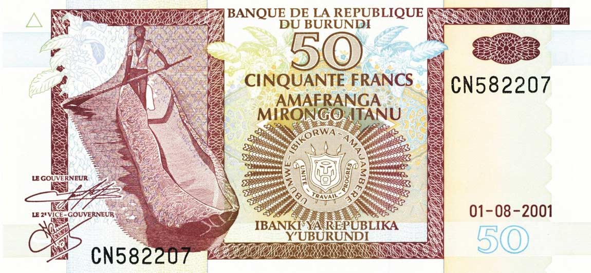 Front of Burundi p36c: 50 Francs from 2001