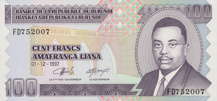 Front of Burundi p37a: 100 Francs from 1993