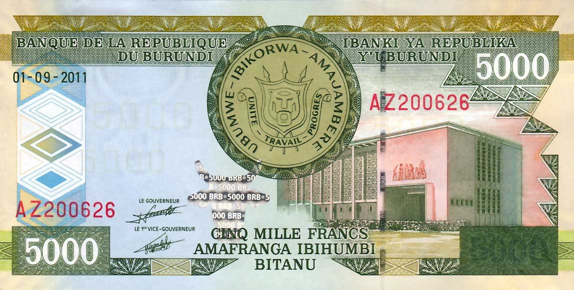 Front of Burundi p48b: 5000 Francs from 2011