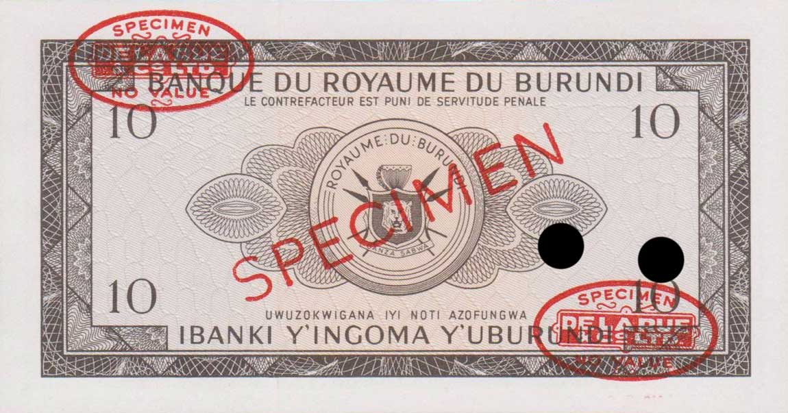 Back of Burundi p9s: 10 Francs from 1964