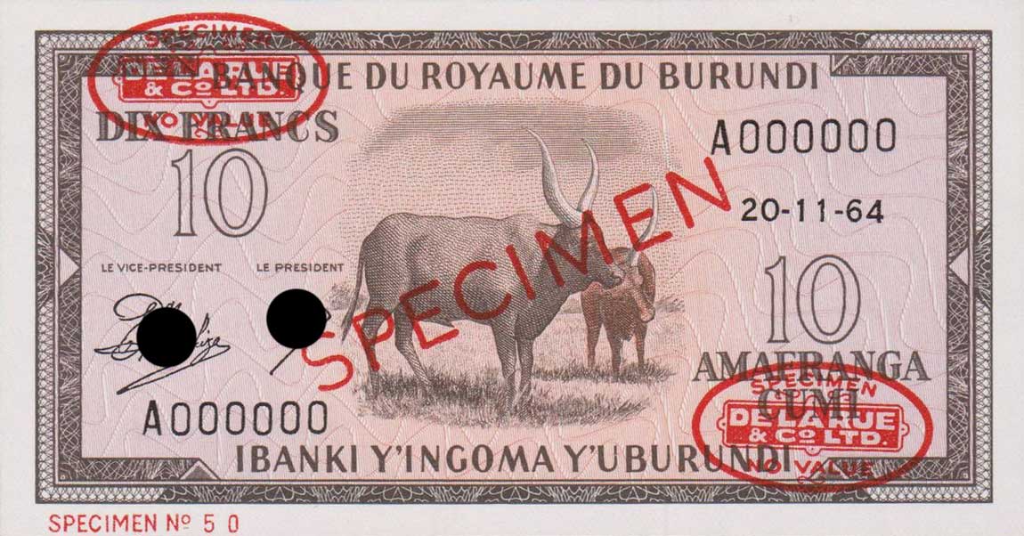 Front of Burundi p9s: 10 Francs from 1964