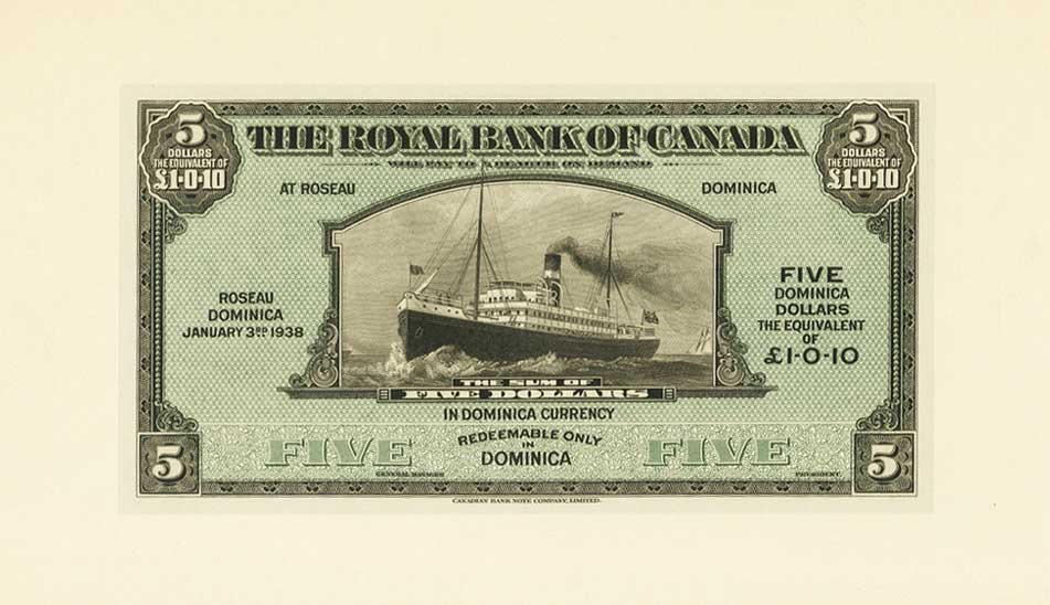 Front of Dominica pS113p: 5 Dollars from 1938