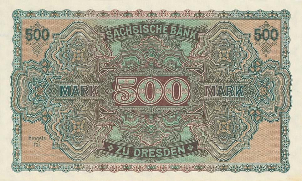 Back of German States pS954b: 500 Mark from 1922