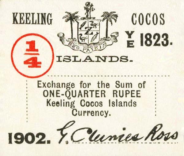 Front of Keeling Cocos pS124: 0.25 Rupee from 1902