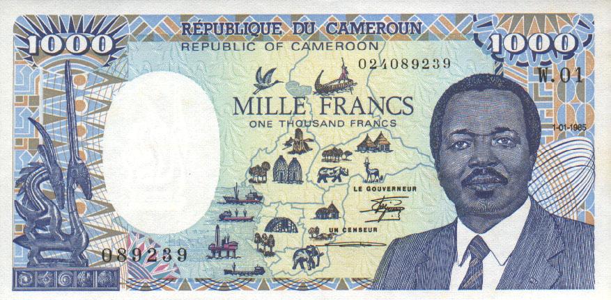 Front of Cameroon p25: 1000 Francs from 1985