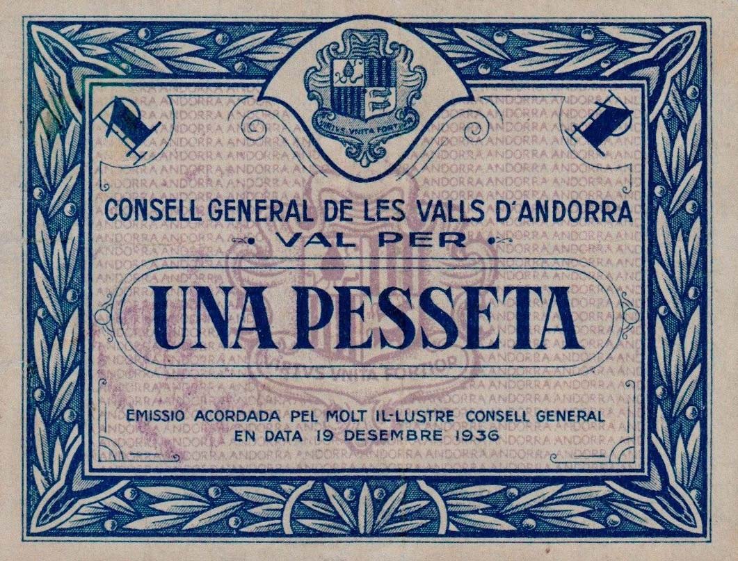 Front of Andorra p1: 1 Pesseta from 1936