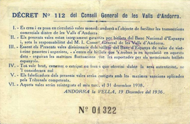 Back of Andorra p3: 5 Pessetes from 1936