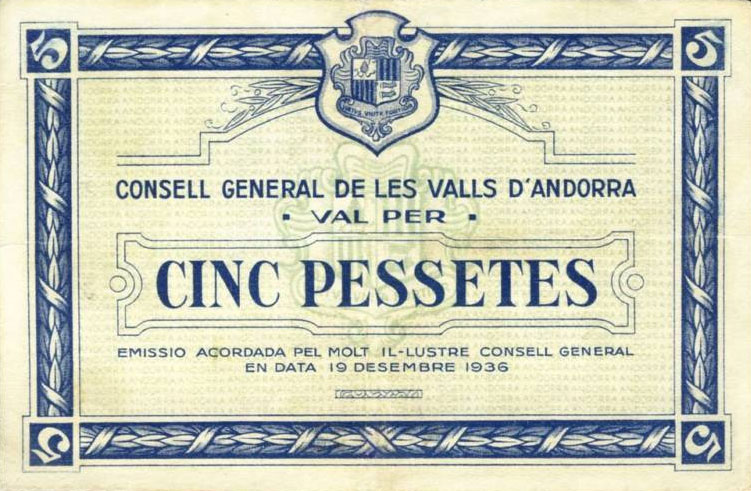 Front of Andorra p3: 5 Pessetes from 1936
