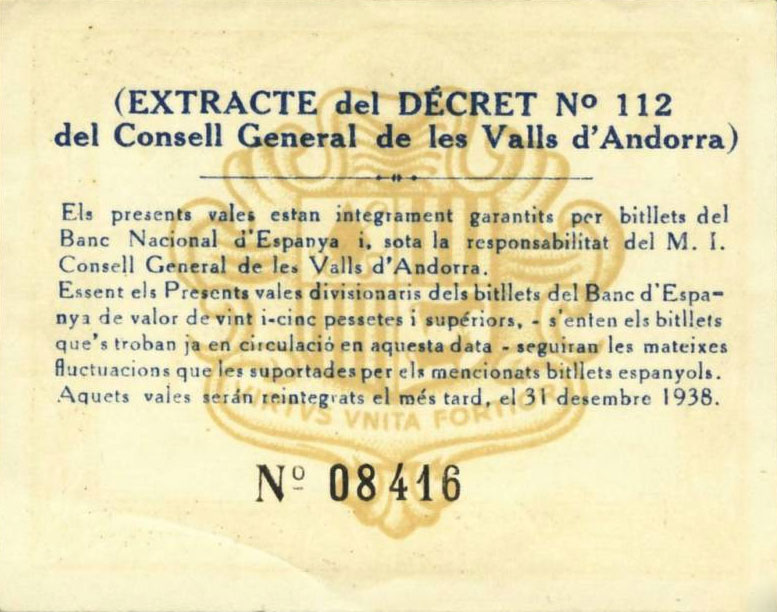 Back of Andorra p6: 1 Pesseta from 1936