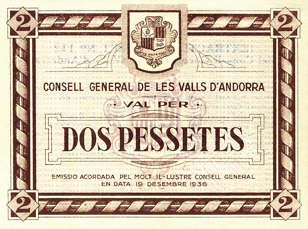 Front of Andorra p7: 2 Pessetes from 1936