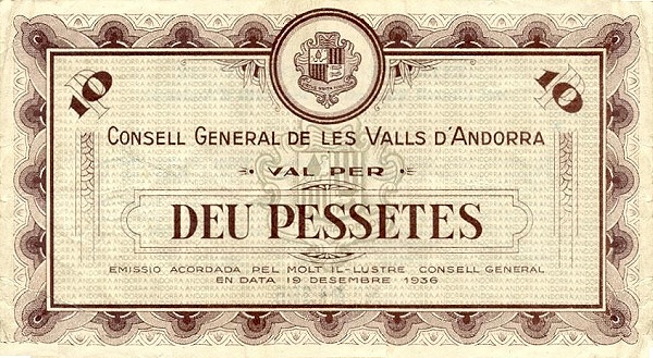 Front of Andorra p9: 10 Pessetes from 1936