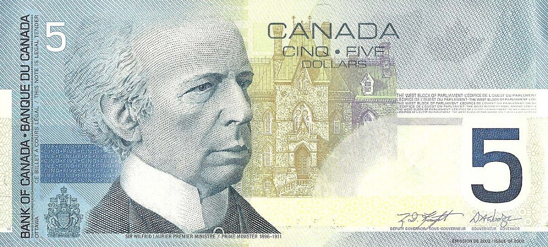 Front of Canada p101b: 5 Dollars from 2002