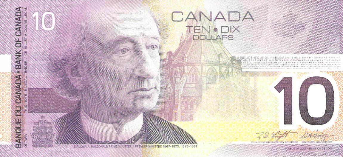 Front of Canada p102b: 10 Dollars from 2001