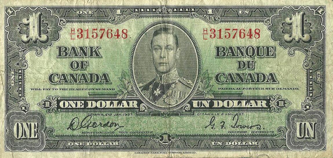 Front of Canada p58d: 1 Dollar from 1937