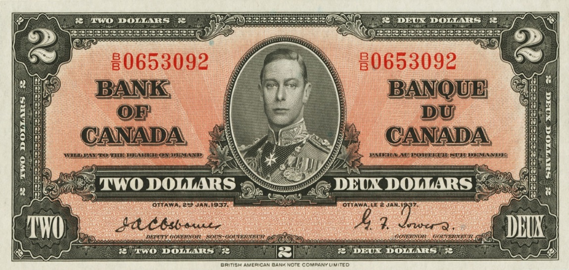 Front of Canada p59a: 2 Dollars from 1937