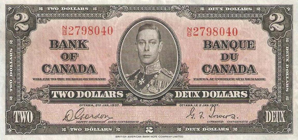 Front of Canada p59b: 2 Dollars from 1937