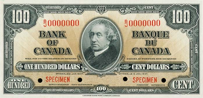 Front of Canada p64s: 100 Dollars from 1937