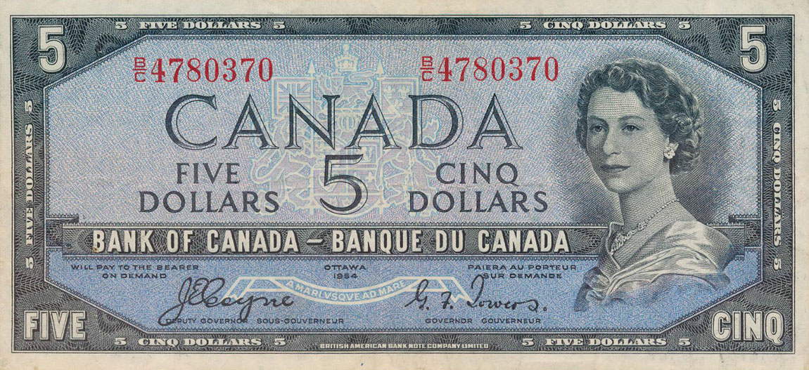 Front of Canada p68a: 5 Dollars from 1954