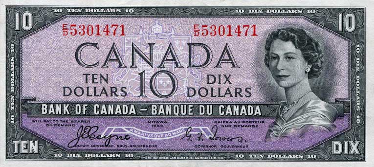 Front of Canada p69a: 10 Dollars from 1954