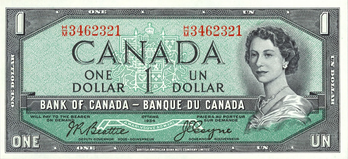 Front of Canada p75a: 1 Dollar from 1954