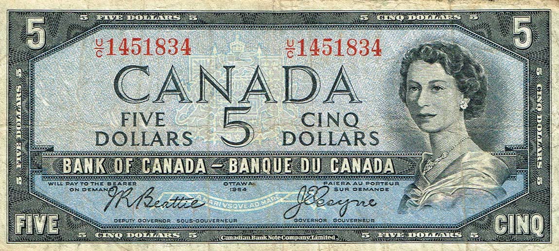 Front of Canada p77a: 5 Dollars from 1954