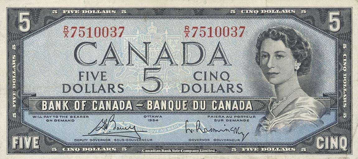 Front of Canada p77c: 5 Dollars from 1954