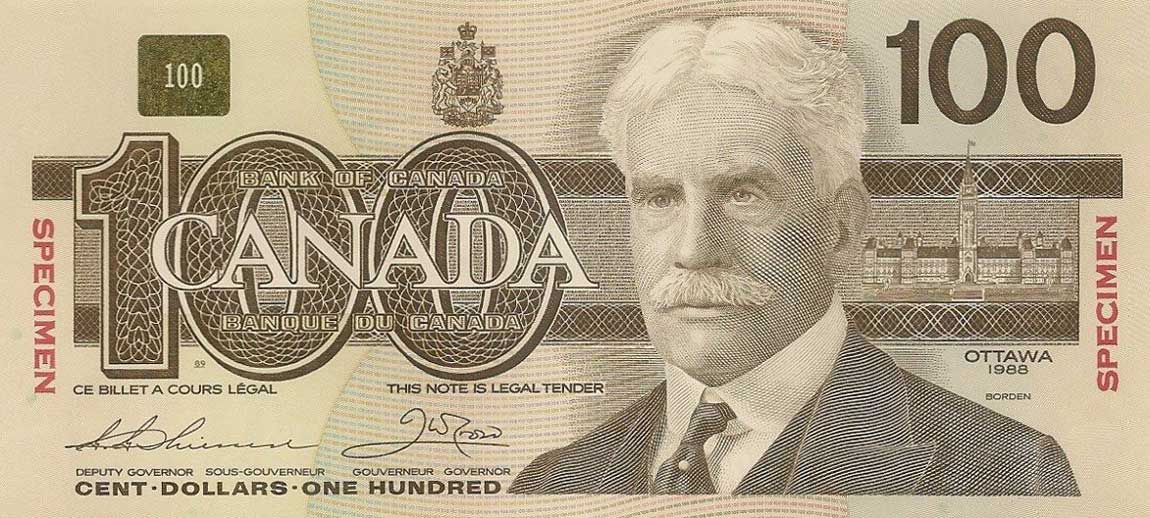 Front of Canada p99s: 100 Dollars from 1988