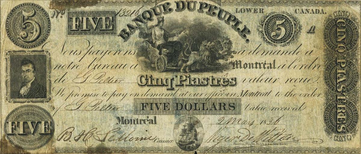 Front of Canada pS878a: 5 Dollars from 1835