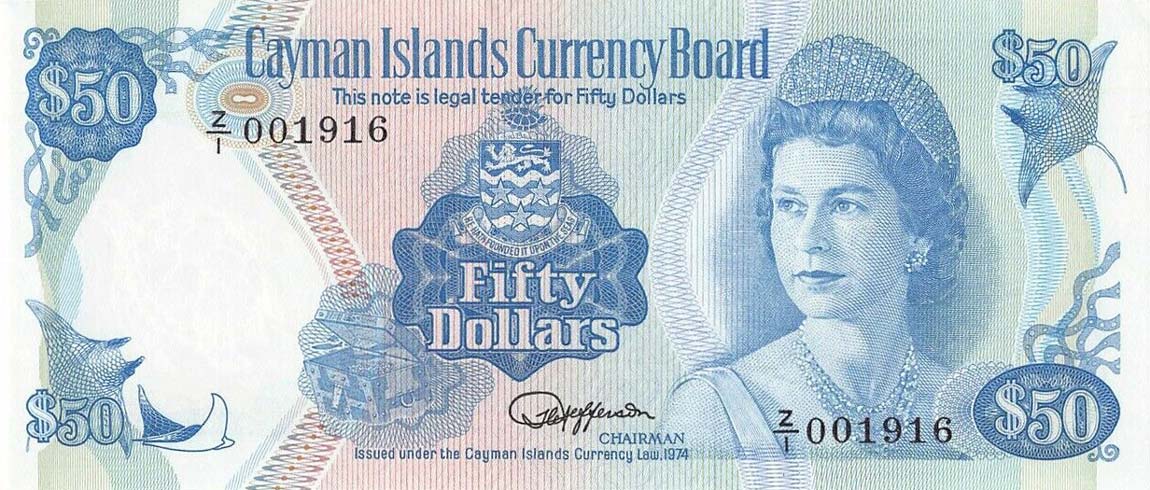 Front of Cayman Islands p10r: 50 Dollars from 1974