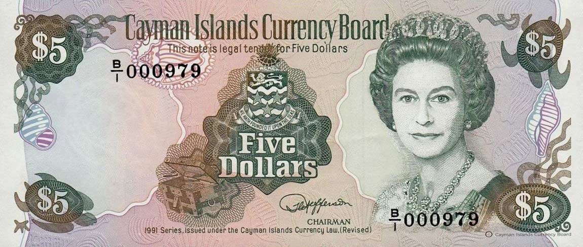 Front of Cayman Islands p12a: 5 Dollars from 1991