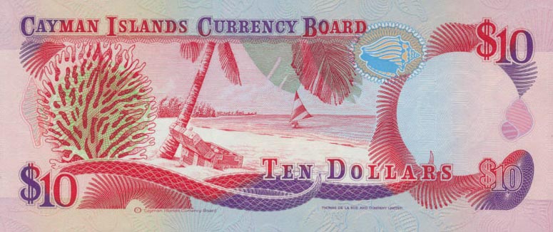 Back of Cayman Islands p13b: 10 Dollars from 1991