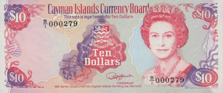 Front of Cayman Islands p13b: 10 Dollars from 1991