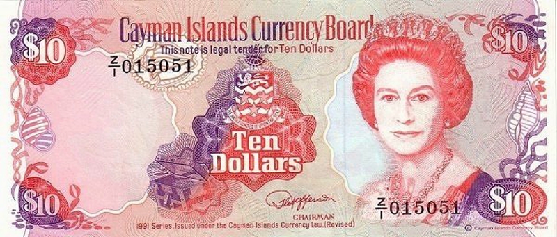 Front of Cayman Islands p13r: 10 Dollars from 1991