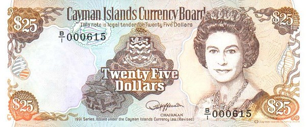 Front of Cayman Islands p14a: 25 Dollars from 1991